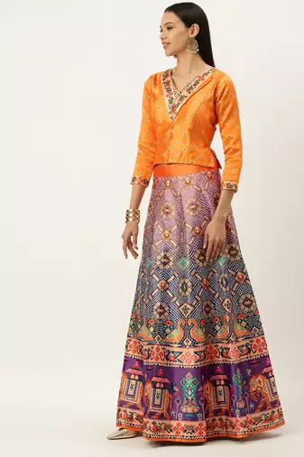 Bandhni Patola Type Digital Print Shiney Satin Croptop Lehenga Choli With Unstitched Blouse For Women and Girls