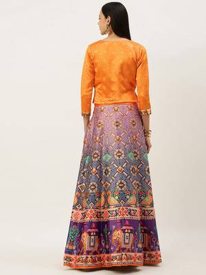 Bandhni Patola Type Digital Print Shiney Satin Croptop Lehenga Choli With Unstitched Blouse For Women and Girls 4