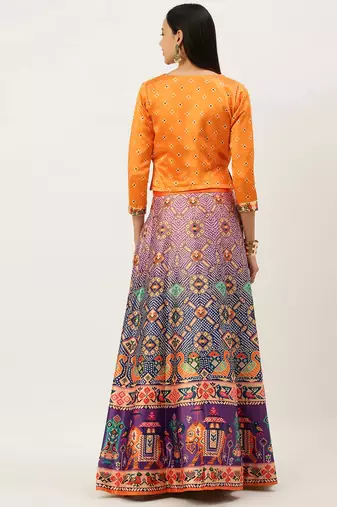 Bandhni Patola Type Digital Print Shiney Satin Croptop Lehenga Choli With Unstitched Blouse For Women and Girls