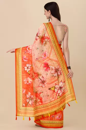 Digital Print Zari Cotton Lilen Crocher Work Saree With Multicolored Cotton Tussle At Pallu