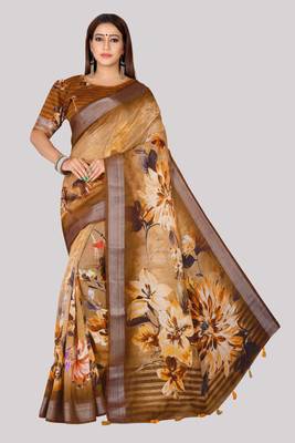 Digital Print Zari Cotton Lilen  Saree With Multicolored Cotton Tussle At Pallu 1
