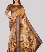 Digital Print Zari Cotton Lilen  Saree With Multicolored Cotton Tussle At Pallu