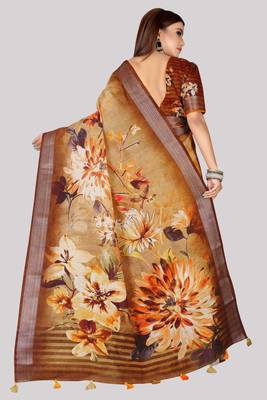Digital Print Zari Cotton Lilen  Saree With Multicolored Cotton Tussle At Pallu 2