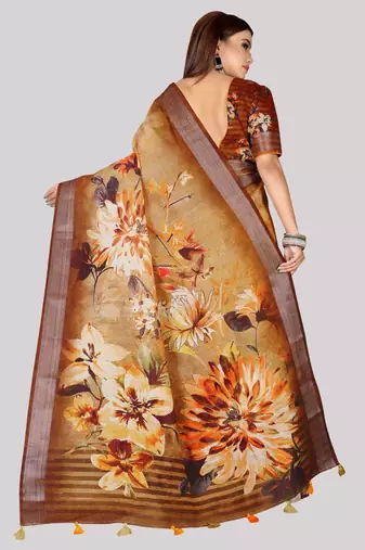 Digital Print Zari Cotton Lilen  Saree With Multicolored Cotton Tussle At Pallu
