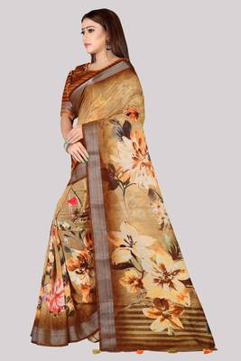 Digital Print Zari Cotton Lilen  Saree With Multicolored Cotton Tussle At Pallu 3
