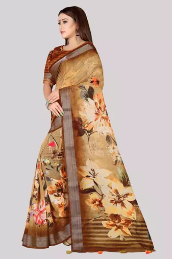Digital Print Zari Cotton Lilen  Saree With Multicolored Cotton Tussle At Pallu