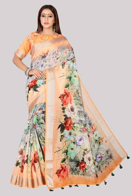 Digital Print Zari Cotton Lilen  Saree With Multicolored Cotton Tussle At Pallu 1