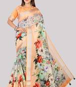 Digital Print Zari Cotton Lilen  Saree With Multicolored Cotton Tussle At Pallu