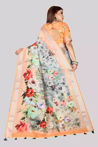 Digital Print Zari Cotton Lilen  Saree With Multicolored Cotton Tussle At Pallu
