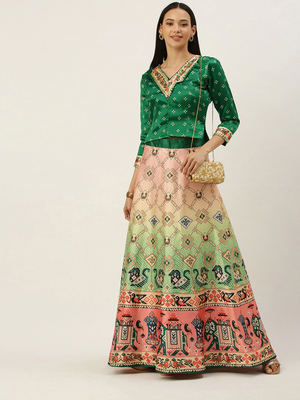 Bandhni Patola Type Digital Print Shiney Satin Croptop Lehenga Choli With Unstitched Blouse For Women and Girls 1