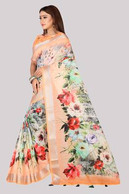 Digital Print Zari Cotton Lilen  Saree With Multicolored Cotton Tussle At Pallu 3