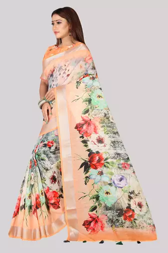 Digital Print Zari Cotton Lilen  Saree With Multicolored Cotton Tussle At Pallu