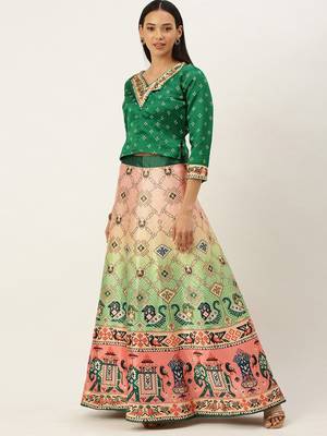Bandhni Patola Type Digital Print Shiney Satin Croptop Lehenga Choli With Unstitched Blouse For Women and Girls 2