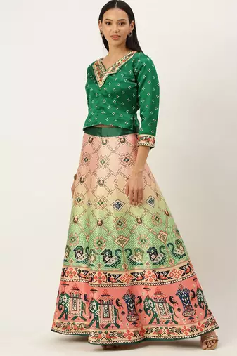 Bandhni Patola Type Digital Print Shiney Satin Croptop Lehenga Choli With Unstitched Blouse For Women and Girls
