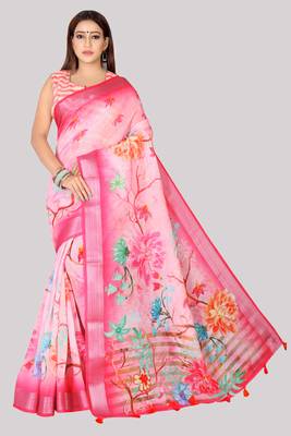 Digital Print Zari Cotton Lilen  Saree With Multicolored Cotton Tussle At Pallu 1