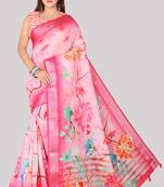 Digital Print Zari Cotton Lilen  Saree With Multicolored Cotton Tussle At Pallu
