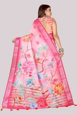 Digital Print Zari Cotton Lilen  Saree With Multicolored Cotton Tussle At Pallu 2
