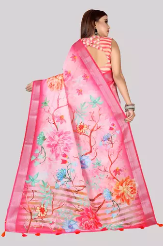 Digital Print Zari Cotton Lilen  Saree With Multicolored Cotton Tussle At Pallu