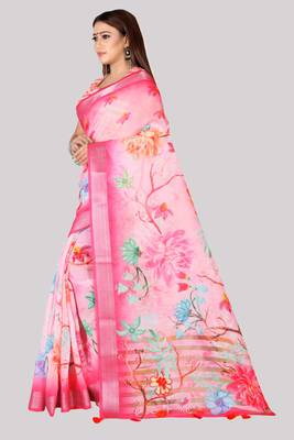 Digital Print Zari Cotton Lilen  Saree With Multicolored Cotton Tussle At Pallu 3