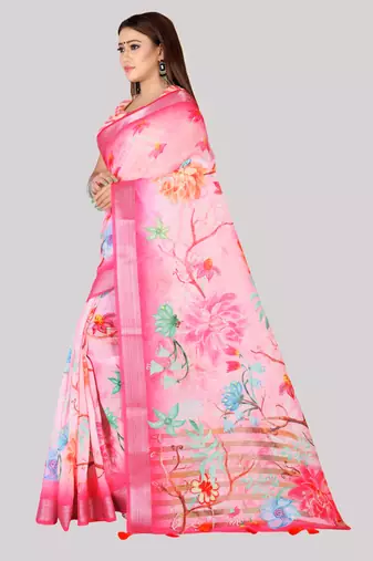 Digital Print Zari Cotton Lilen  Saree With Multicolored Cotton Tussle At Pallu