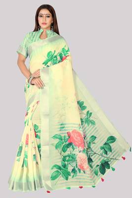Digital Print Zari Cotton Lilen  Saree With Multicolored Cotton Tussle At Pallu 1
