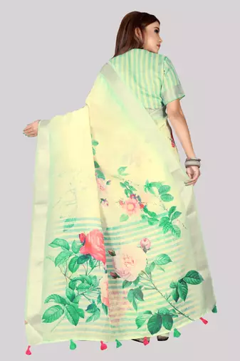 Digital Print Zari Cotton Lilen  Saree With Multicolored Cotton Tussle At Pallu