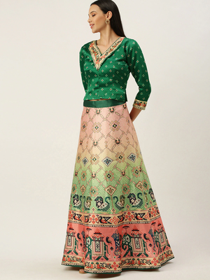 Bandhni Patola Type Digital Print Shiney Satin Croptop Lehenga Choli With Unstitched Blouse For Women and Girls 3