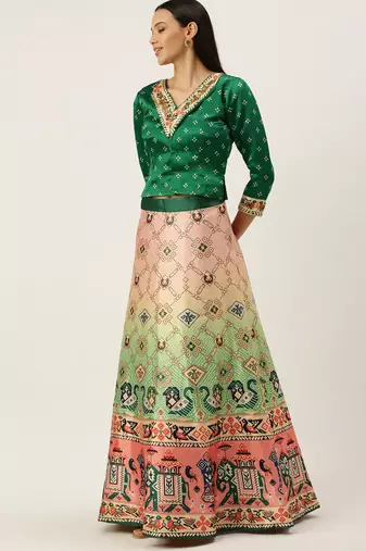 Bandhni Patola Type Digital Print Shiney Satin Croptop Lehenga Choli With Unstitched Blouse For Women and Girls