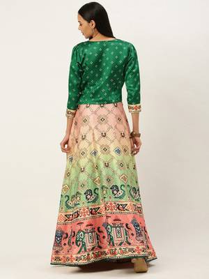 Bandhni Patola Type Digital Print Shiney Satin Croptop Lehenga Choli With Unstitched Blouse For Women and Girls 4