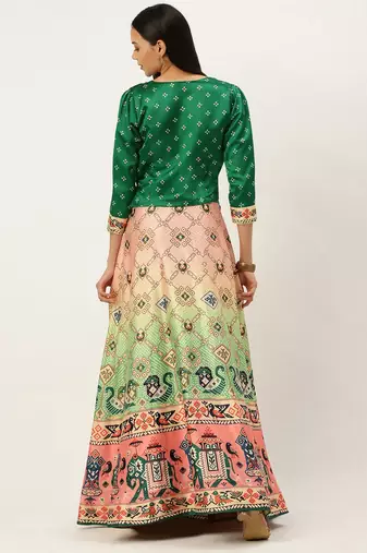 Bandhni Patola Type Digital Print Shiney Satin Croptop Lehenga Choli With Unstitched Blouse For Women and Girls