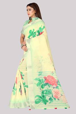 Digital Print Zari Cotton Lilen  Saree With Multicolored Cotton Tussle At Pallu 3