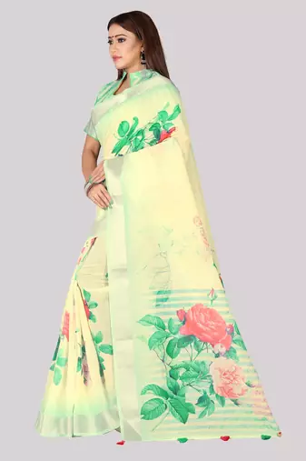 Digital Print Zari Cotton Lilen  Saree With Multicolored Cotton Tussle At Pallu