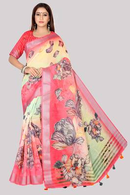 Digital Print Zari Cotton Lilen  Saree With Multicolored Cotton Tussle At Pallu 1