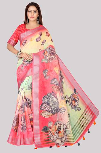 Digital Print Zari Cotton Lilen  Saree With Multicolored Cotton Tussle At Pallu