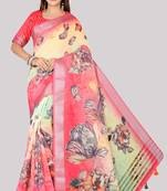 Digital Print Zari Cotton Lilen  Saree With Multicolored Cotton Tussle At Pallu