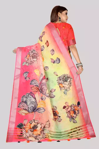 Digital Print Zari Cotton Lilen  Saree With Multicolored Cotton Tussle At Pallu