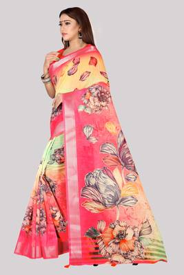 Digital Print Zari Cotton Lilen  Saree With Multicolored Cotton Tussle At Pallu 3