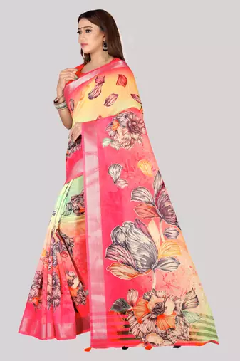 Digital Print Zari Cotton Lilen  Saree With Multicolored Cotton Tussle At Pallu