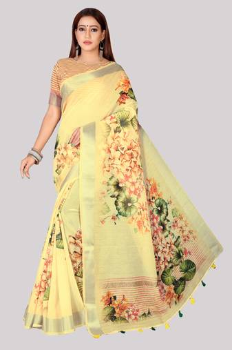 Digital Print Zari Cotton Lilen  Saree With Multicolored Cotton Tussle At Pallu