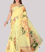 Digital Print Zari Cotton Lilen  Saree With Multicolored Cotton Tussle At Pallu