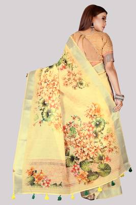 Digital Print Zari Cotton Lilen  Saree With Multicolored Cotton Tussle At Pallu 2