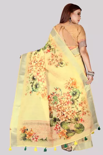 Digital Print Zari Cotton Lilen  Saree With Multicolored Cotton Tussle At Pallu