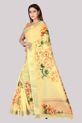 Digital Print Zari Cotton Lilen  Saree With Multicolored Cotton Tussle At Pallu 3