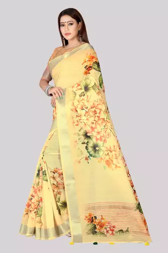 Digital Print Zari Cotton Lilen  Saree With Multicolored Cotton Tussle At Pallu