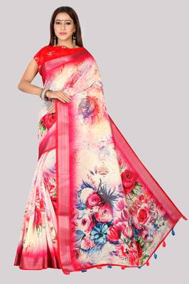 Digital Print Zari Cotton Lilen  Saree With Multicolored Cotton Tussle At Pallu 1
