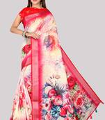 Digital Print Zari Cotton Lilen  Saree With Multicolored Cotton Tussle At Pallu
