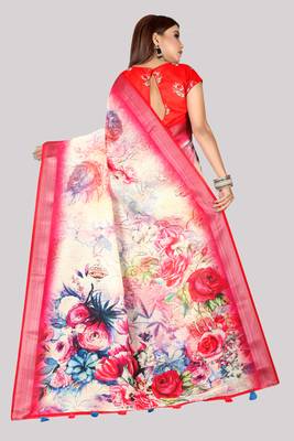 Digital Print Zari Cotton Lilen  Saree With Multicolored Cotton Tussle At Pallu 2