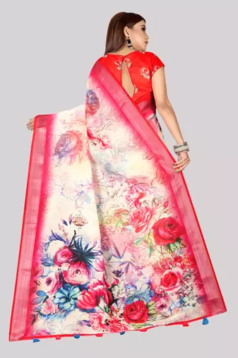 Digital Print Zari Cotton Lilen  Saree With Multicolored Cotton Tussle At Pallu