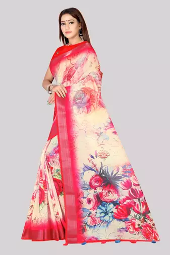 Digital Print Zari Cotton Lilen  Saree With Multicolored Cotton Tussle At Pallu