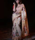 Digital Print Zari Cotton Lilen  Saree With Multicolored Cotton Tussle At Pallu